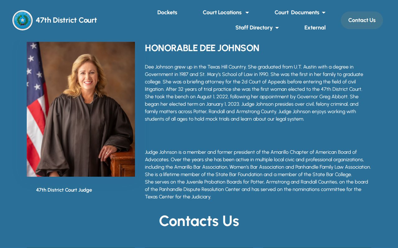 Official 47th District Court contact page for Armstrong, Potter, and Randall Counties