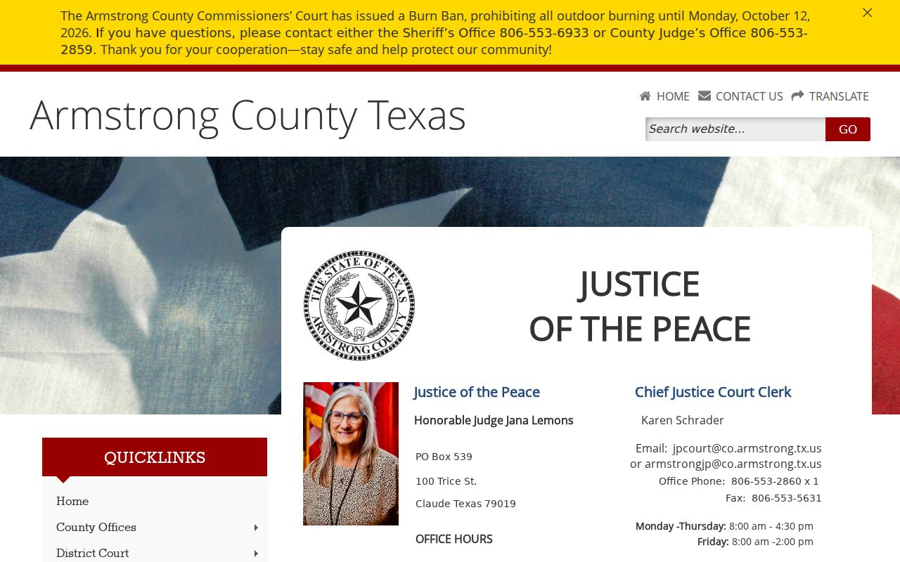 Armstrong Countywide Justice of the Peace citation and contact page