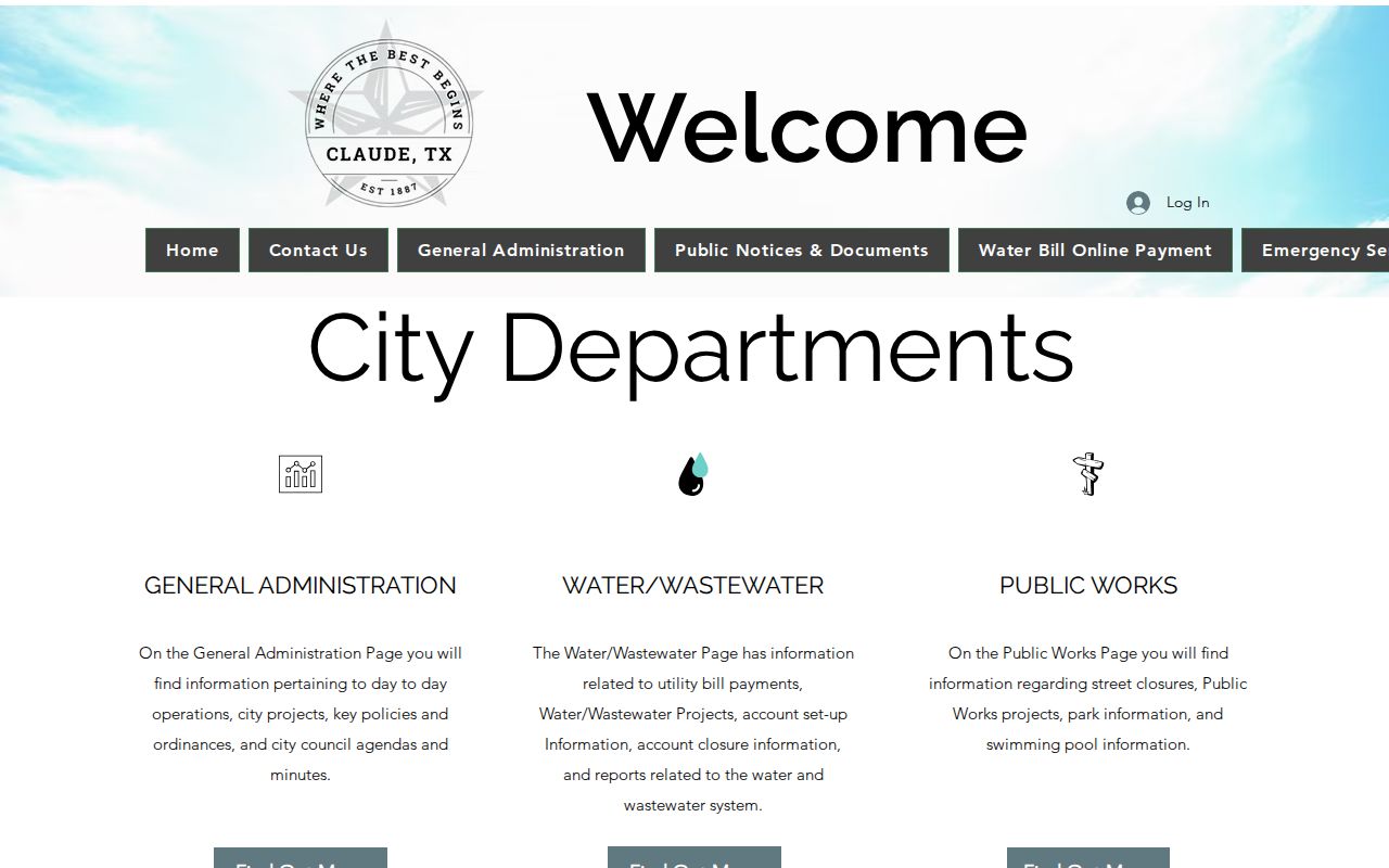 Claude city departments page showing the public-facing municipal departments