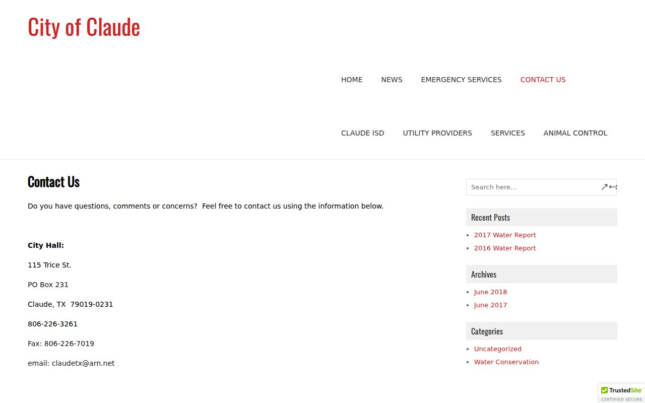 Legacy Claude City Hall contact page showing the older mailing and street address