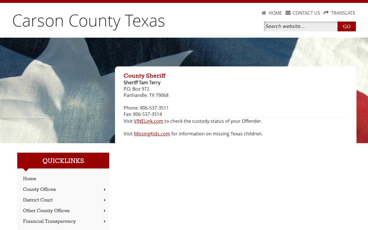 Current Carson County jail contact referenced by Armstrong Sheriff