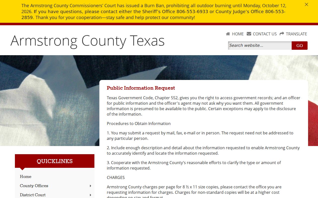 Armstrong County Chapter 552 public information request page