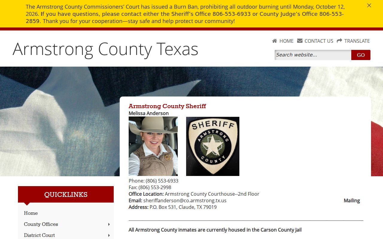 Armstrong County Sheriff contact and custody information page